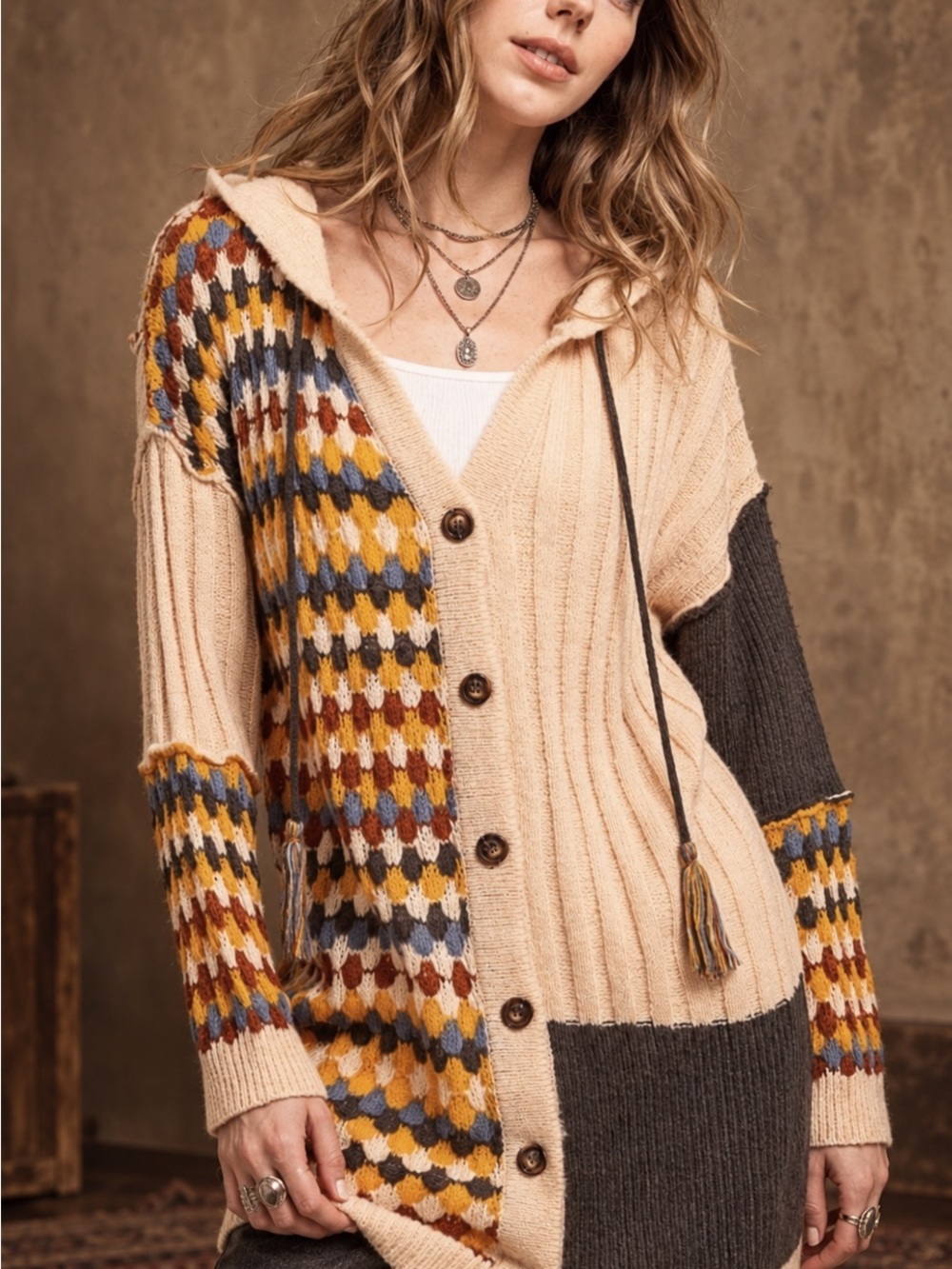 412. Bluevelvet Beige MultiColor Hood button Sweater Cardigan mixed fabric